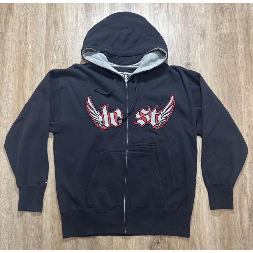 Y2K Lost Enterprises Surfboard Black Zip Up‎ Hoodie Size L